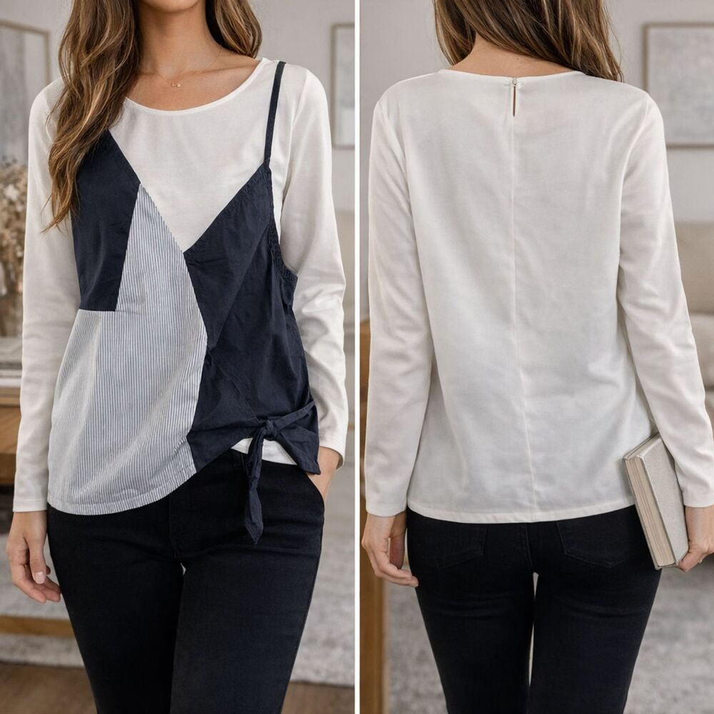 Queen Shop White Long Sleeve Blouse S Layered Tie Front Chic Top